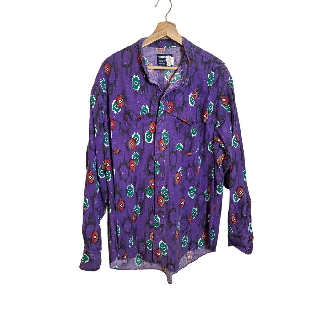 Vintage Wrangler Cowboy Cut Geometric Print Western Shirt Purple Made in USA